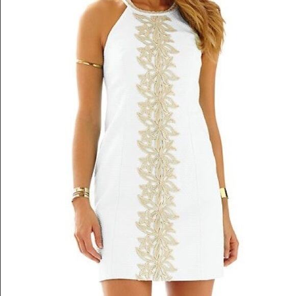 LILLY PULITZER Parker Palm Shift Dress White Gold Embroidered Halter | 2 - Picture 1 of 13